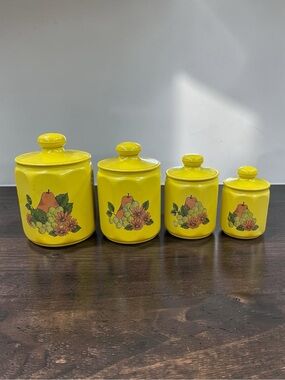 Vintage 1960s Kromex Set Of 4 Spun Aluminum Yellow Canisters W/Lids MCM Rustic